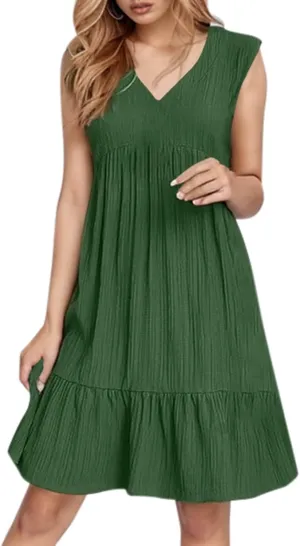 Linen Maxi Dresses for Women 2025 Sleeveless V Neck Mini Dress Fashion Casual Flowy Boho Ruffle A Line Swing Sundresses