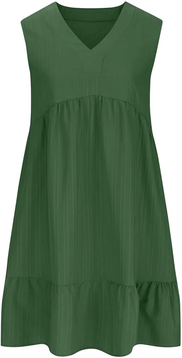 Linen Maxi Dresses for Women 2025 Sleeveless V Neck Mini Dress Fashion Casual Flowy Boho Ruffle A Line Swing Sundresses