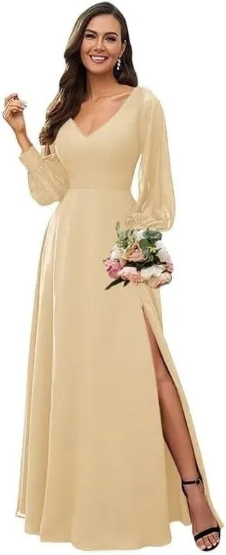 Long Sleeve Bridesmaid Dresses for Women Split Formal Dresses for Women Wedding Guest