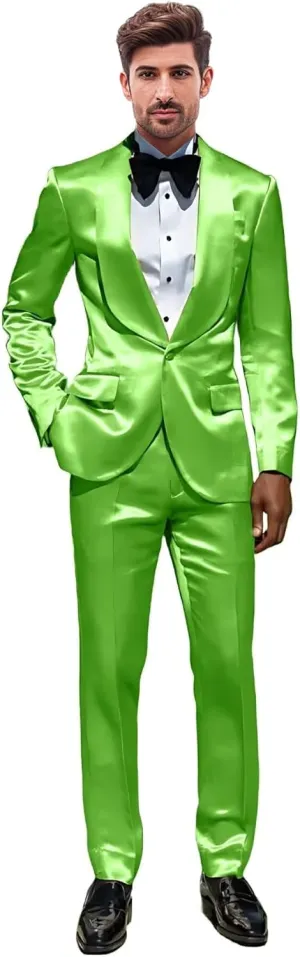 Mens 2 Piece Satin Suit One Button Slim Fit Formal Wedding Prom Party Tuxedo Suits Blazer Pants Set