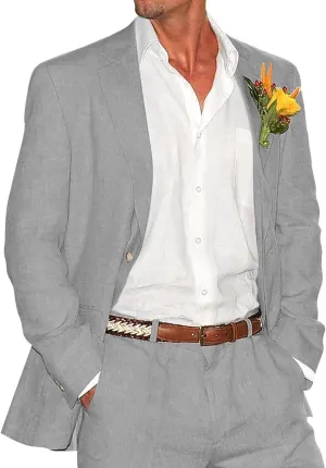 Mens Linen Suit 2 Piece Slim Fit Linen Suit for Men Summer Beach Wedding Suits Jacket Pants Set