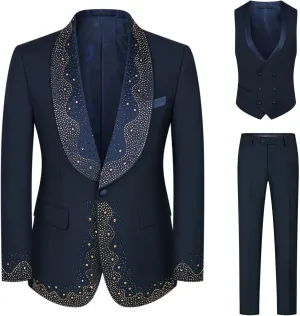 Mens Luxury 3 Pieces Suit with Rhinestone Slim Fit Shawl Lapel Blazer Jacket Vest Pants Set for Prom,Party,Dinner