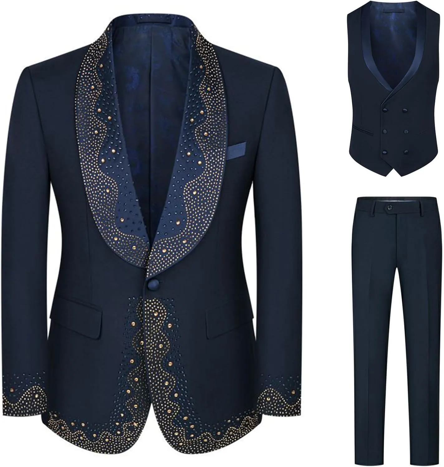 Mens Luxury 3 Pieces Suit with Rhinestone Slim Fit Shawl Lapel Blazer Jacket Vest Pants Set for Prom,Party,Dinner