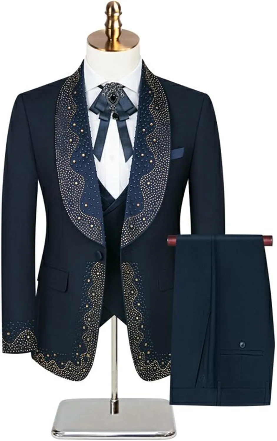 Mens Luxury 3 Pieces Suit with Rhinestone Slim Fit Shawl Lapel Blazer Jacket Vest Pants Set for Prom,Party,Dinner