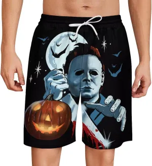 Men's Short Sweatpants Halloween Michael Myers Beachwear Hawaiian Short Pants Swimsuits Beach Shorts with Pockets