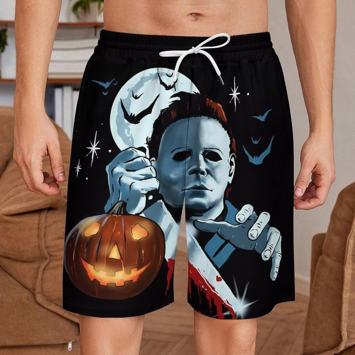 Men's Short Sweatpants Halloween Michael Myers Beachwear Hawaiian Short Pants Swimsuits Beach Shorts with Pockets