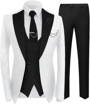 Mens Suit Formal 3 Piece Tuxedo Slim Fit Set Jacket Blazer Vest Pants for Groomsmen Wedding Prom Party