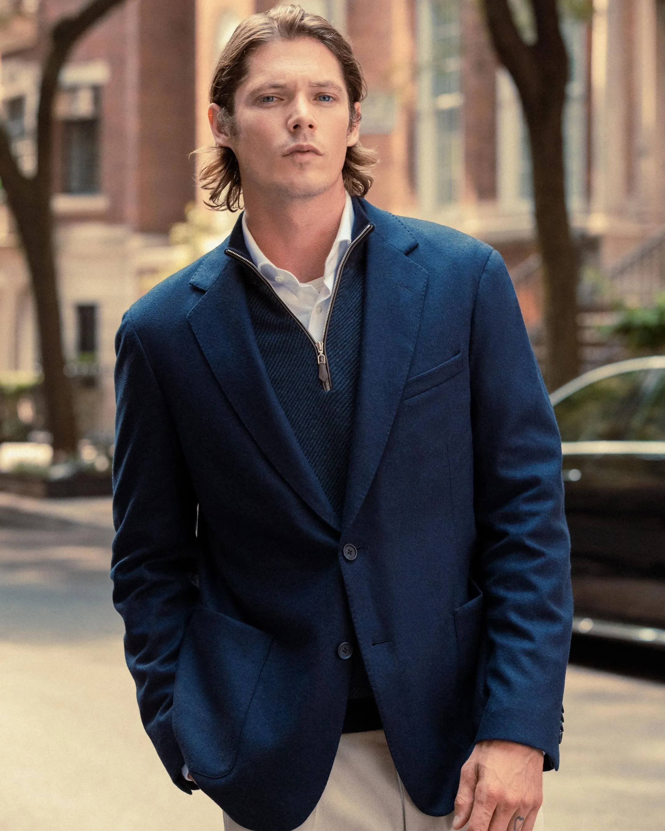 Men's Temple Jacquard Half Zip Cashmere Sweater Navy Blue