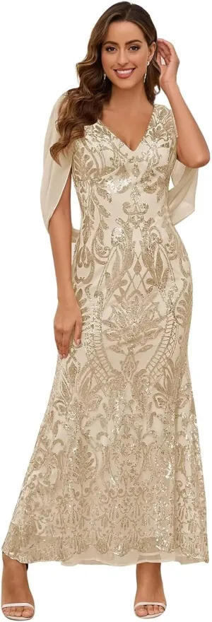 Mermaid Sequin Mother of The Bride Dresses for Women 2025 V Neck Long Sparkly Formal Evening Gown with Cape
