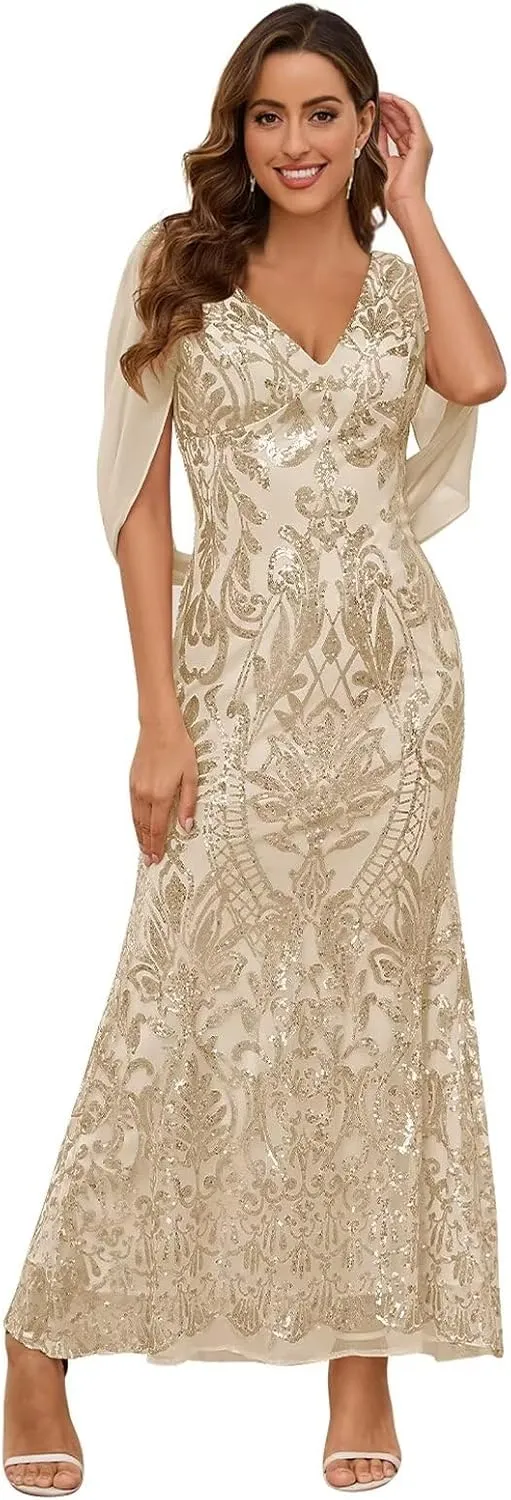 Mermaid Sequin Mother of The Bride Dresses for Women 2025 V Neck Long Sparkly Formal Evening Gown with Cape