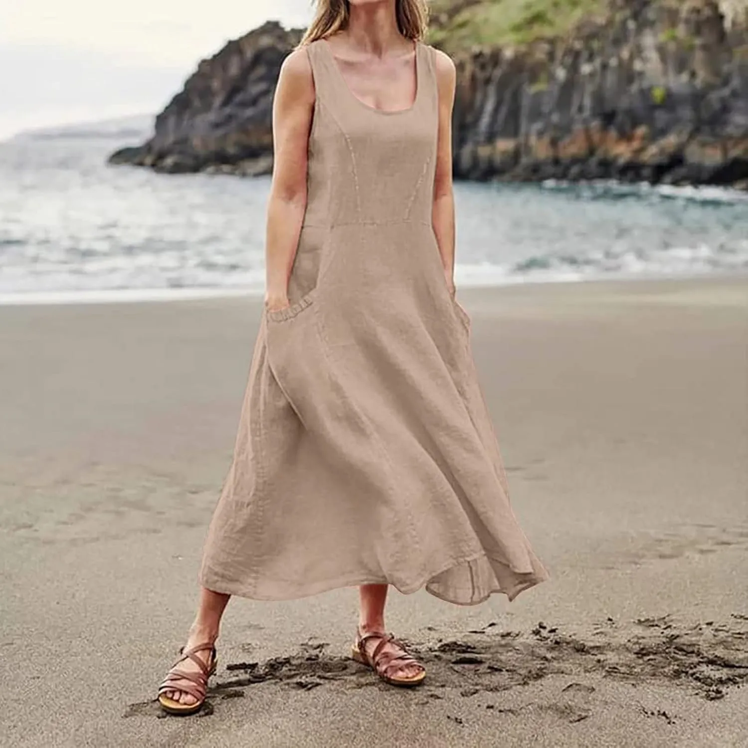 Modest Dresses for Women Casual Cocktail Dresses Summer Sleeveless Linen Pocket Dress Crewneck Solid Colour Dress