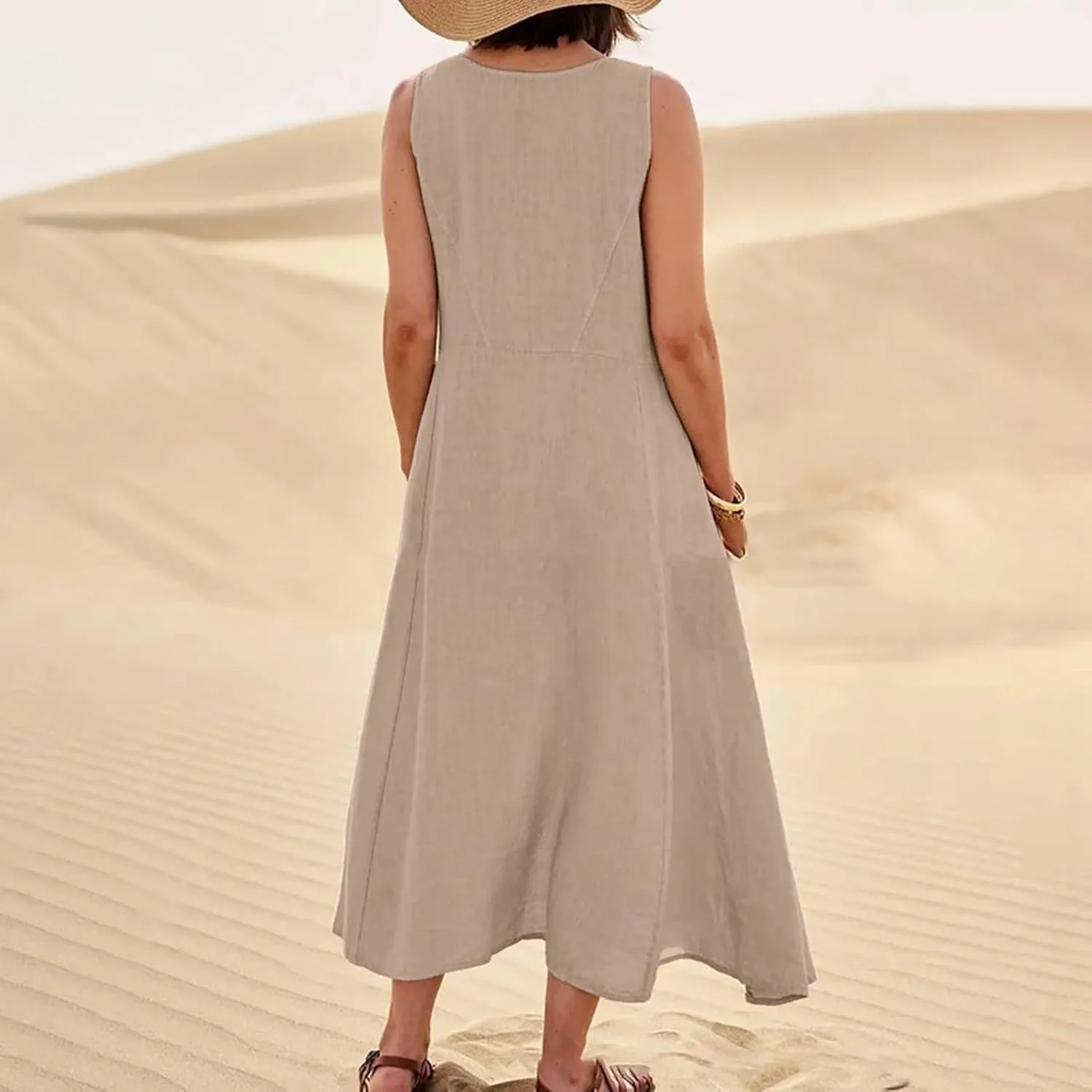 Modest Dresses for Women Casual Cocktail Dresses Summer Sleeveless Linen Pocket Dress Crewneck Solid Colour Dress
