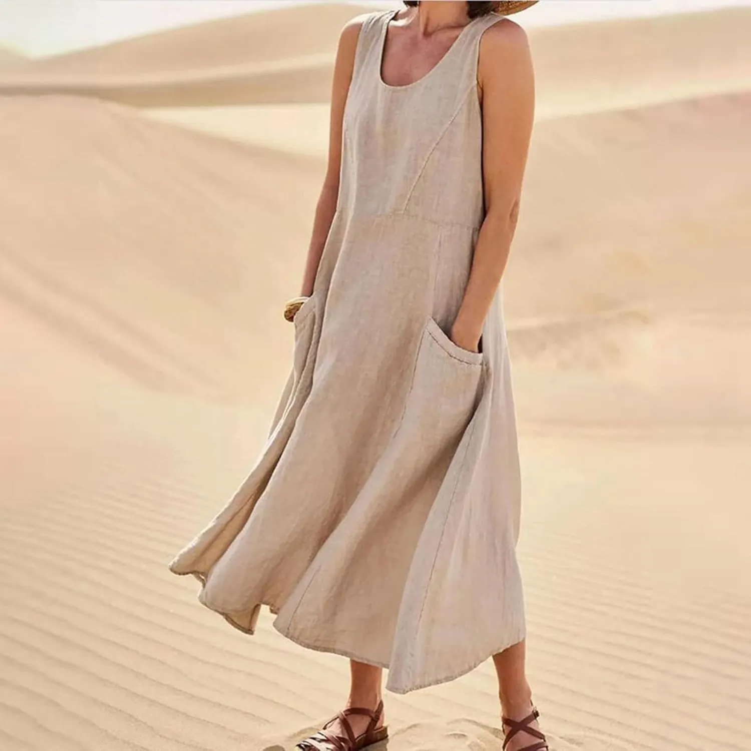 Modest Dresses for Women Casual Cocktail Dresses Summer Sleeveless Linen Pocket Dress Crewneck Solid Colour Dress