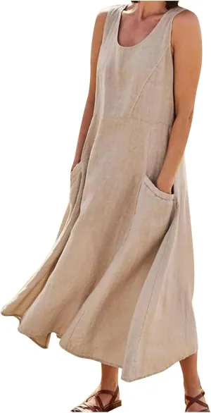 Modest Dresses for Women Casual Cocktail Dresses Summer Sleeveless Linen Pocket Dress Crewneck Solid Colour Dress