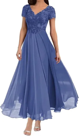 Mother of The Bride Dresses Lace Applique Chiffon Formal Evening Dress Short Sleeve A Line Prom Gown for Women