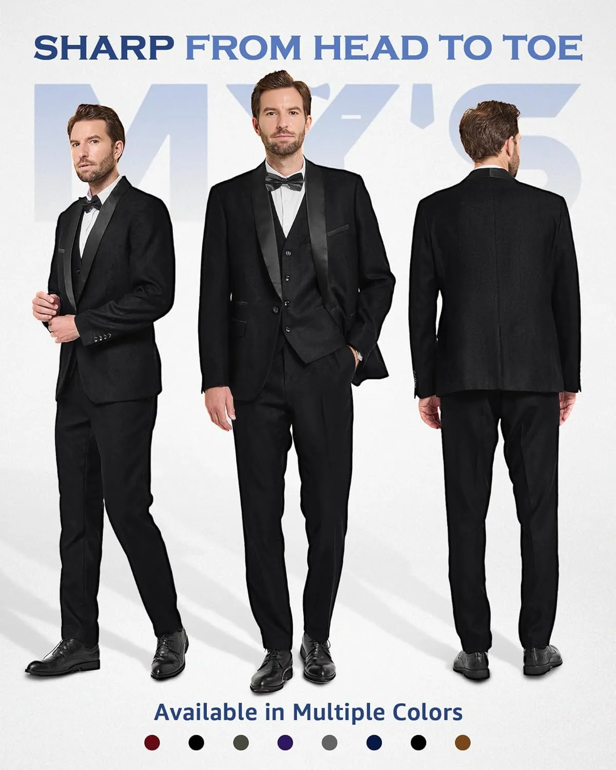MY'S Mens 3-Piece Suit Shawl Lapel One Button Tuxedo Slim Fit Dinner Jacket Vest Pants & Tie Set