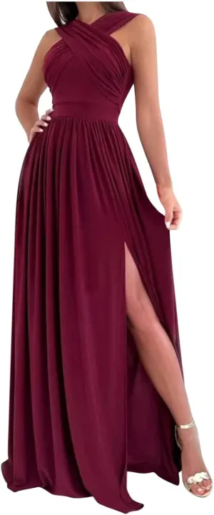 NaRHbrg Women's Halter Neck Maxi Dress Elegant Sleeveless Formal Evening Dress High Slit Long Party Gown Summer Dresses