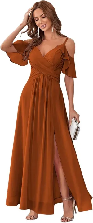 Off Shoulder Chiffon Bridesmaid Dresses for Wedding with Slit Cold Shoulder Prom Dress Pleated Wedding Party Gown