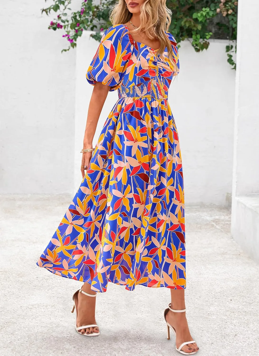 Okiwam Womens Summer Dresses 2025 Spring Floral Maxi Sundress Puff Sleeve Smocked Flowy Beach Vacation Wedding Guest Dress