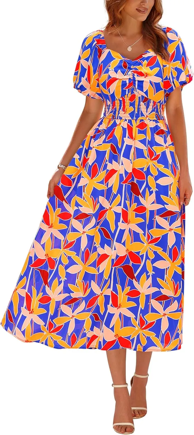 Okiwam Womens Summer Dresses 2025 Spring Floral Maxi Sundress Puff Sleeve Smocked Flowy Beach Vacation Wedding Guest Dress