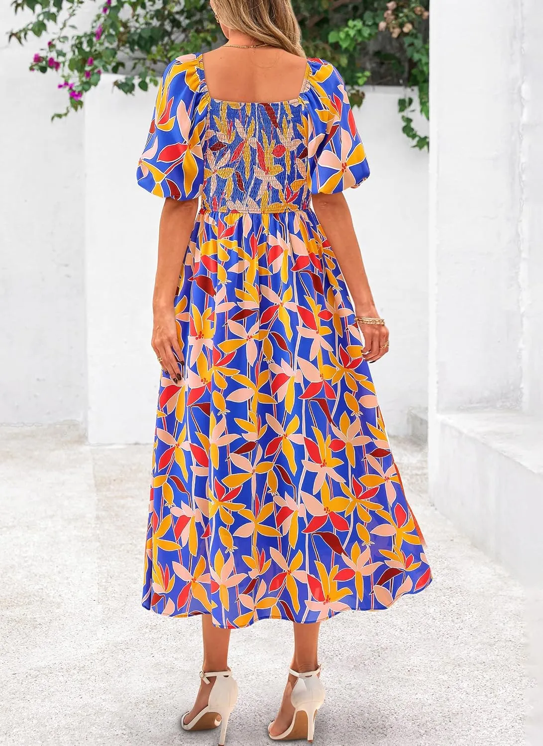 Okiwam Womens Summer Dresses 2025 Spring Floral Maxi Sundress Puff Sleeve Smocked Flowy Beach Vacation Wedding Guest Dress