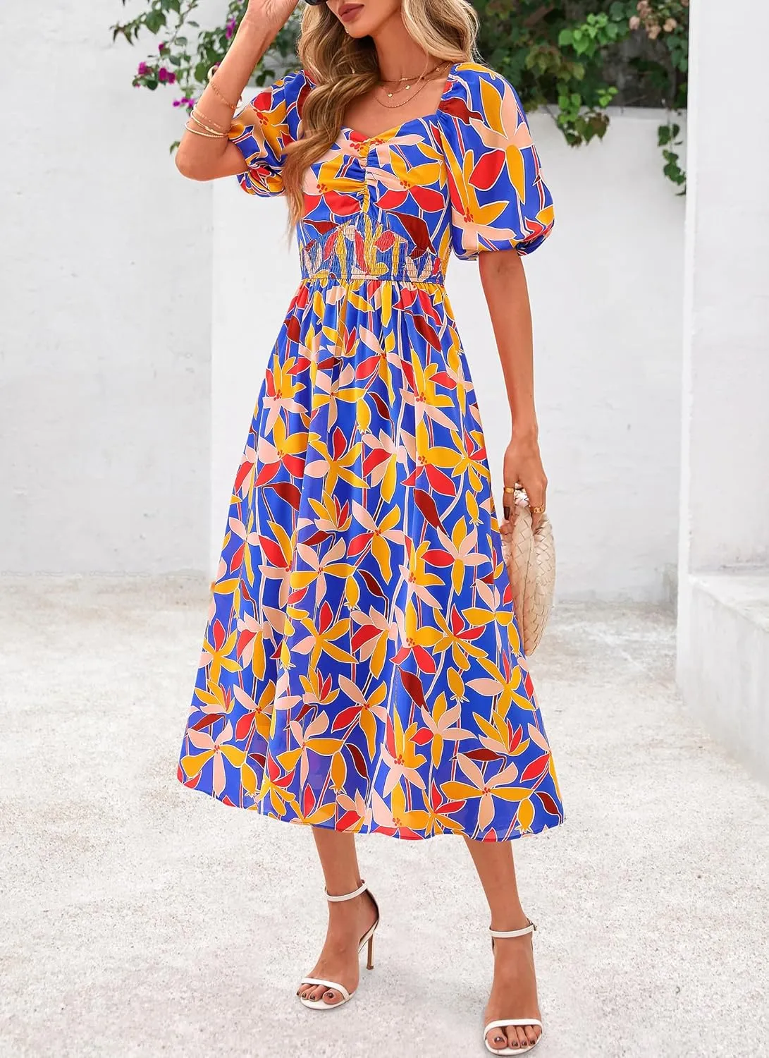 Okiwam Womens Summer Dresses 2025 Spring Floral Maxi Sundress Puff Sleeve Smocked Flowy Beach Vacation Wedding Guest Dress