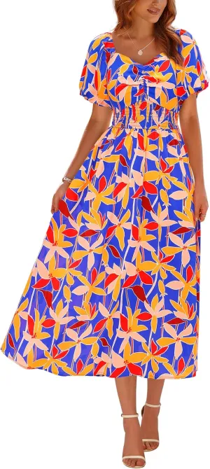 Okiwam Womens Summer Dresses 2025 Spring Floral Maxi Sundress Puff Sleeve Smocked Flowy Beach Vacation Wedding Guest Dress
