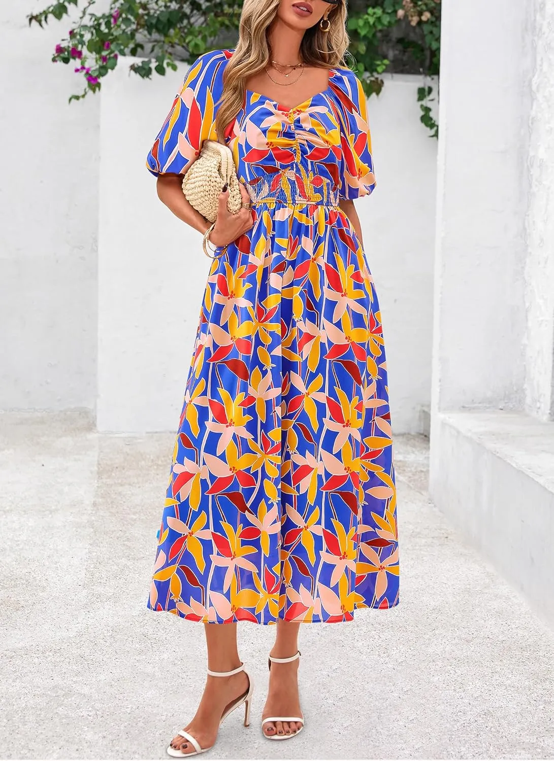 Okiwam Womens Summer Dresses 2025 Spring Floral Maxi Sundress Puff Sleeve Smocked Flowy Beach Vacation Wedding Guest Dress