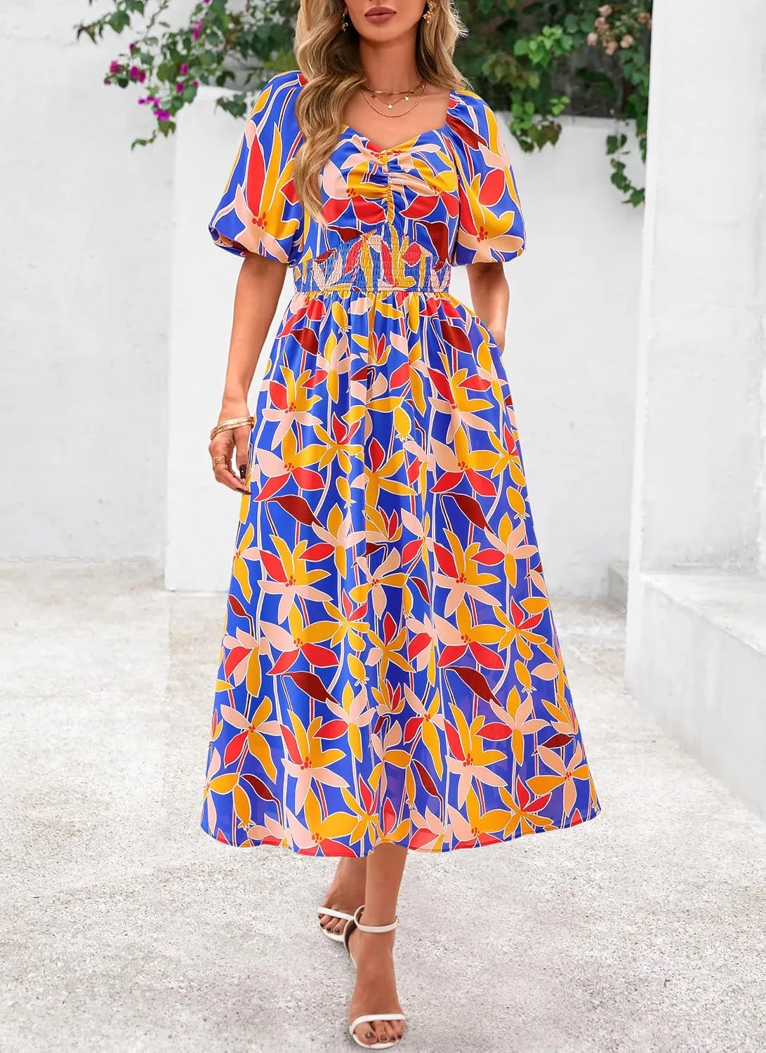 Okiwam Womens Summer Dresses 2025 Spring Floral Maxi Sundress Puff Sleeve Smocked Flowy Beach Vacation Wedding Guest Dress