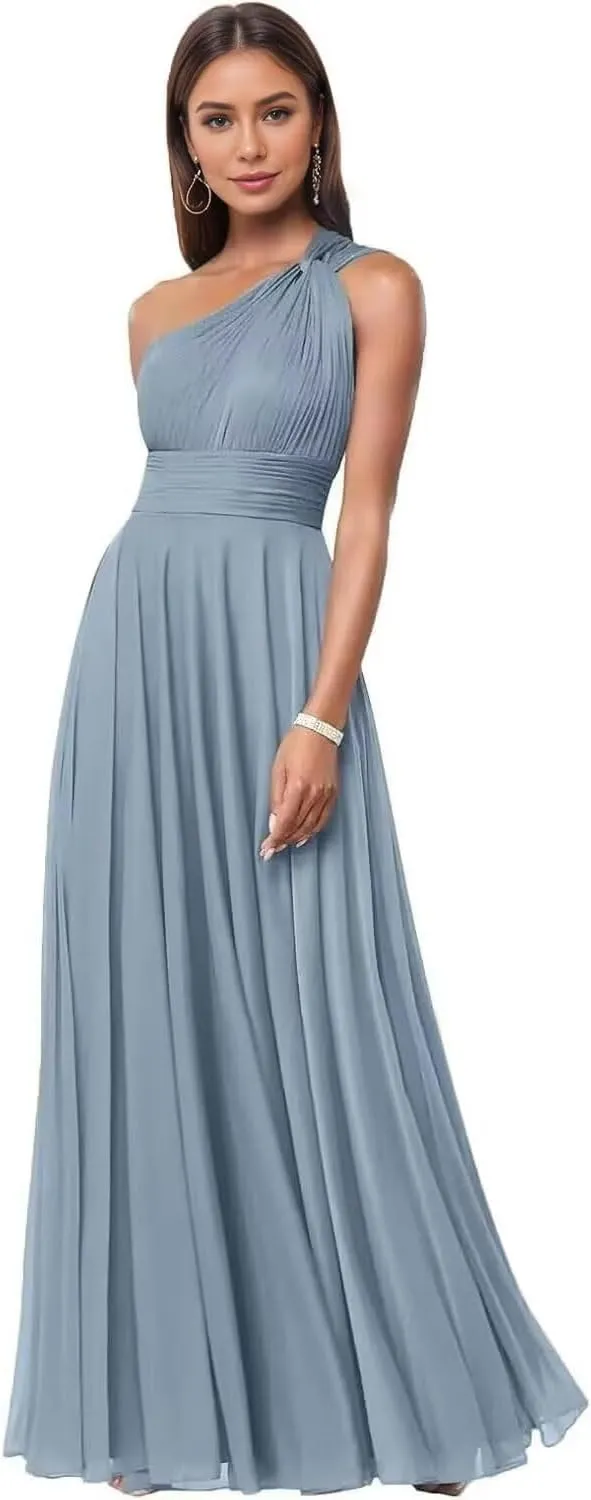One Shoulder Bridesmaid Dresses for Women A Line Pleated Chiffon Long Formal Wedding Evening Party Dress with Pockets
