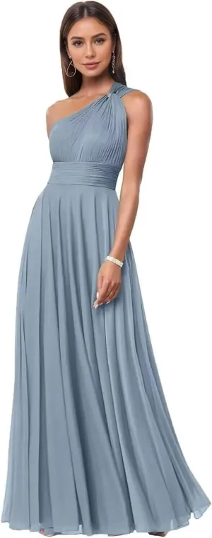 One Shoulder Bridesmaid Dresses for Women A Line Pleated Chiffon Long Formal Wedding Evening Party Dress with Pockets