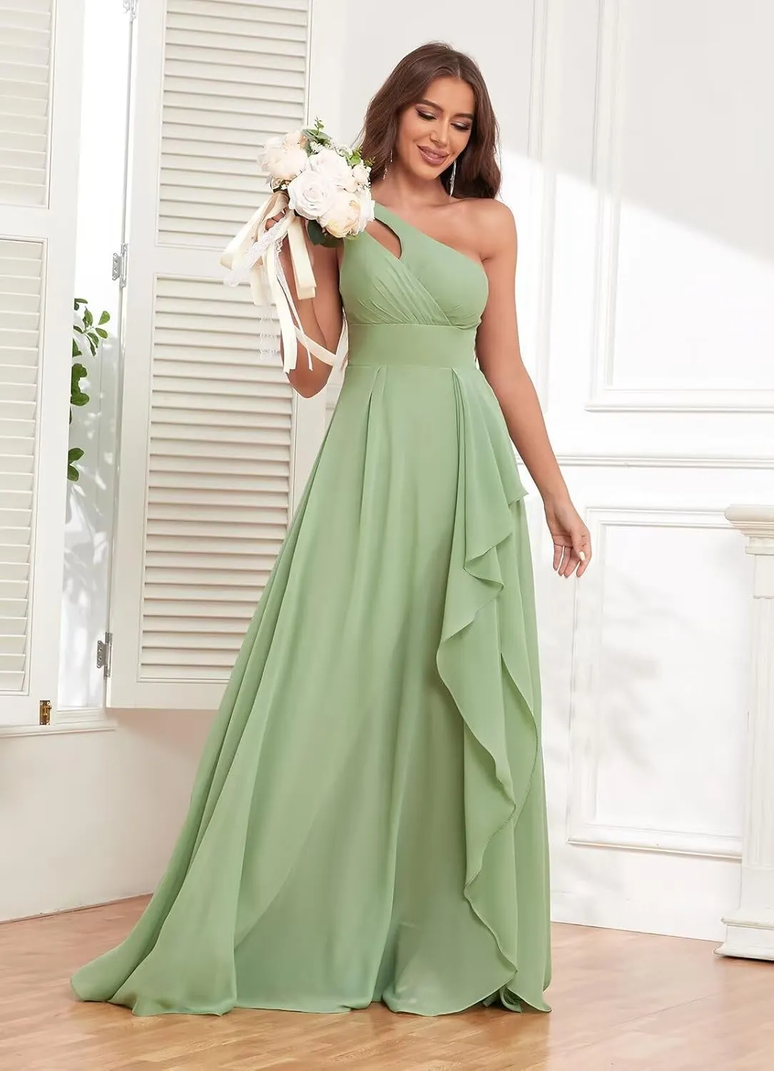 One Shoulder Chiffon Bridesmaid Dresses with Slit for Wedding Ruffle Prom Formal Dress