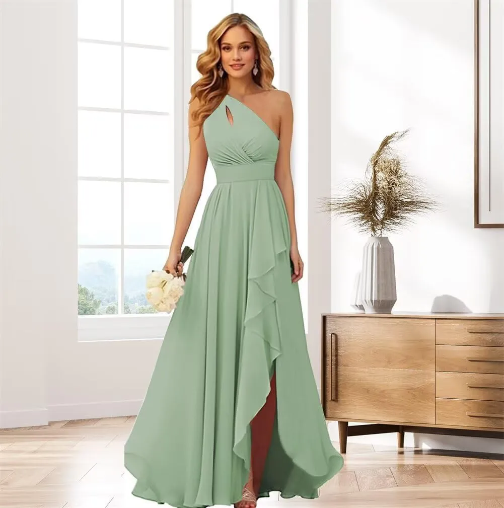 One Shoulder Chiffon Bridesmaid Dresses with Slit for Wedding Ruffle Prom Formal Dress