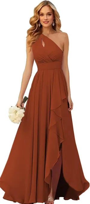 One Shoulder Chiffon Bridesmaid Dresses with Slit for Wedding Ruffle Prom Formal Dress