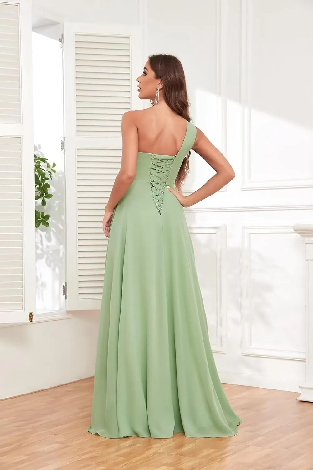 One Shoulder Chiffon Bridesmaid Dresses with Slit for Wedding Ruffle Prom Formal Dress