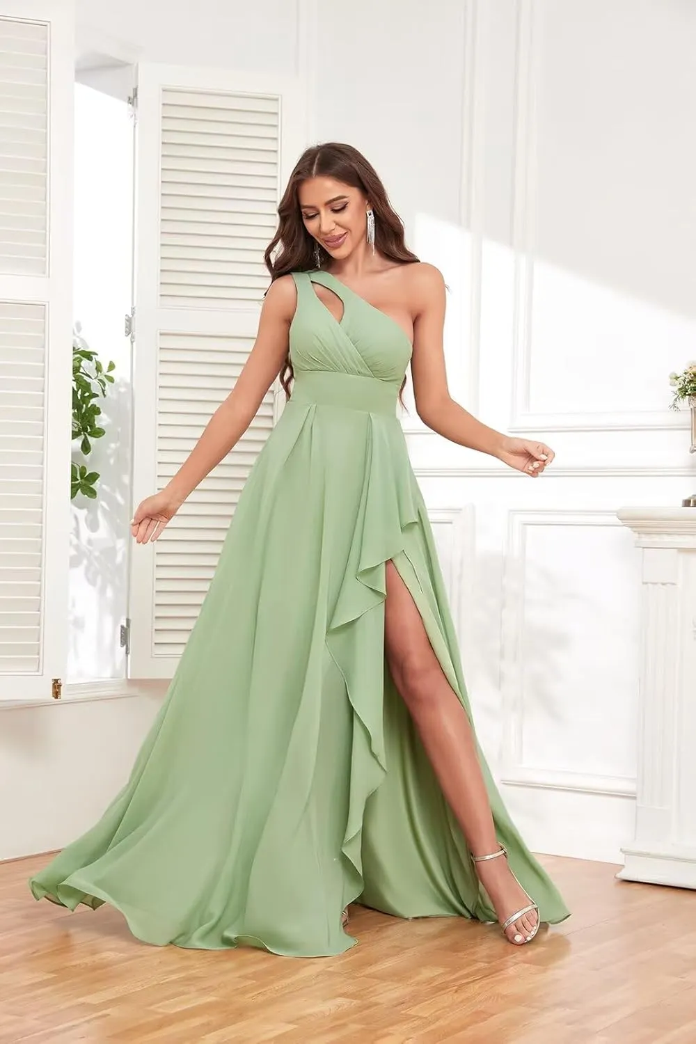 One Shoulder Chiffon Bridesmaid Dresses with Slit for Wedding Ruffle Prom Formal Dress