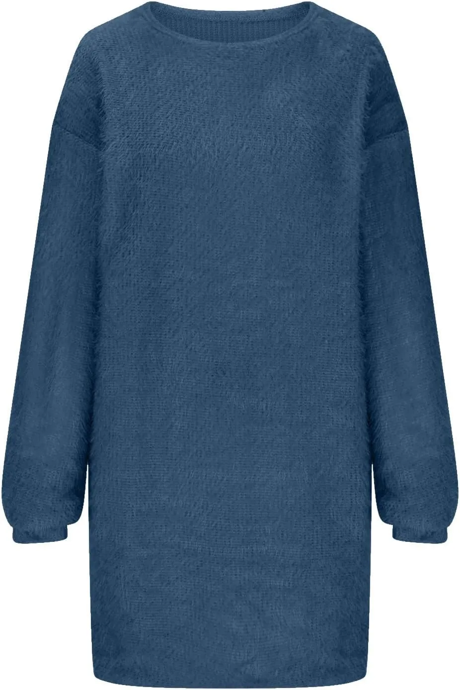 Oversize Plush Midi Dress for Womens Casual Loose Warm Dresses Crew Neck Long Sleeve Solid Color Thick Fleece Dress