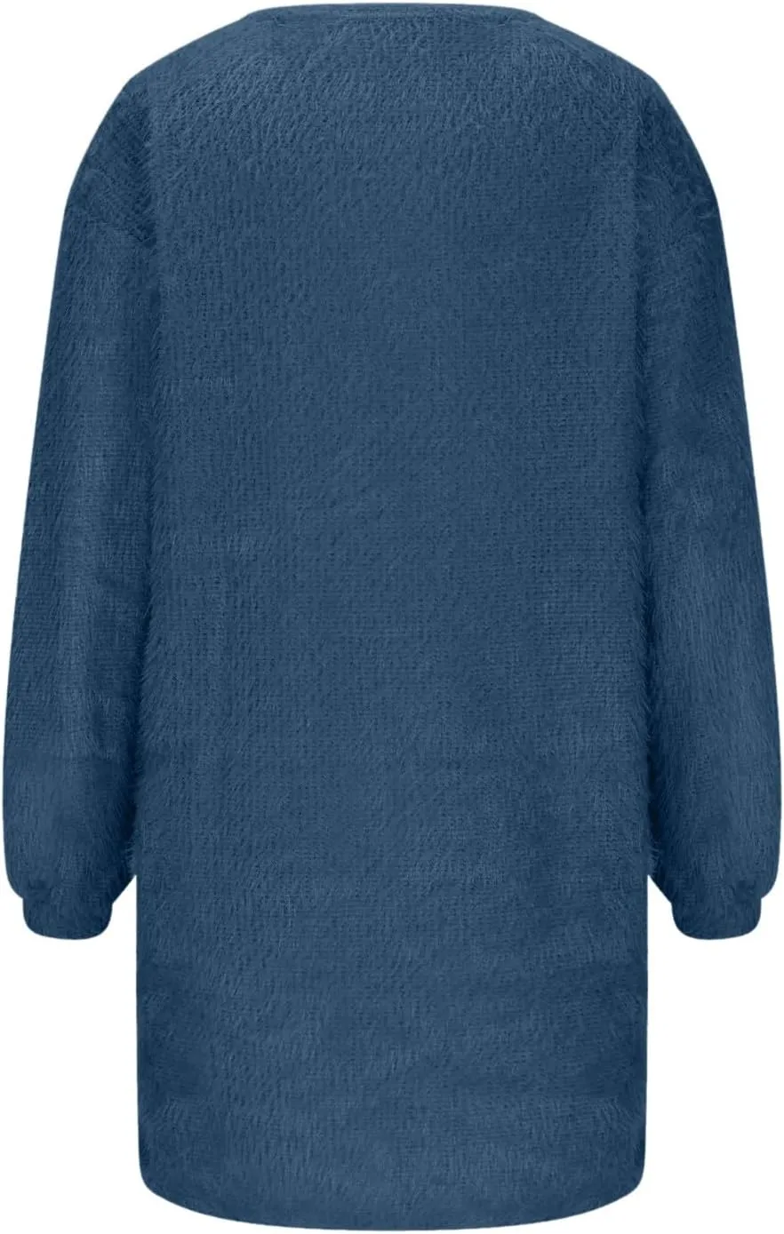 Oversize Plush Midi Dress for Womens Casual Loose Warm Dresses Crew Neck Long Sleeve Solid Color Thick Fleece Dress