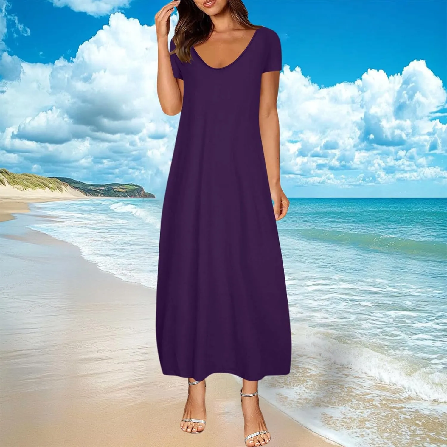 Plus Size Dresses for Curvy Women Loose Fit Round Neck Summer Beach Dress Casual Flowy Maxi Tshirt Sundresses