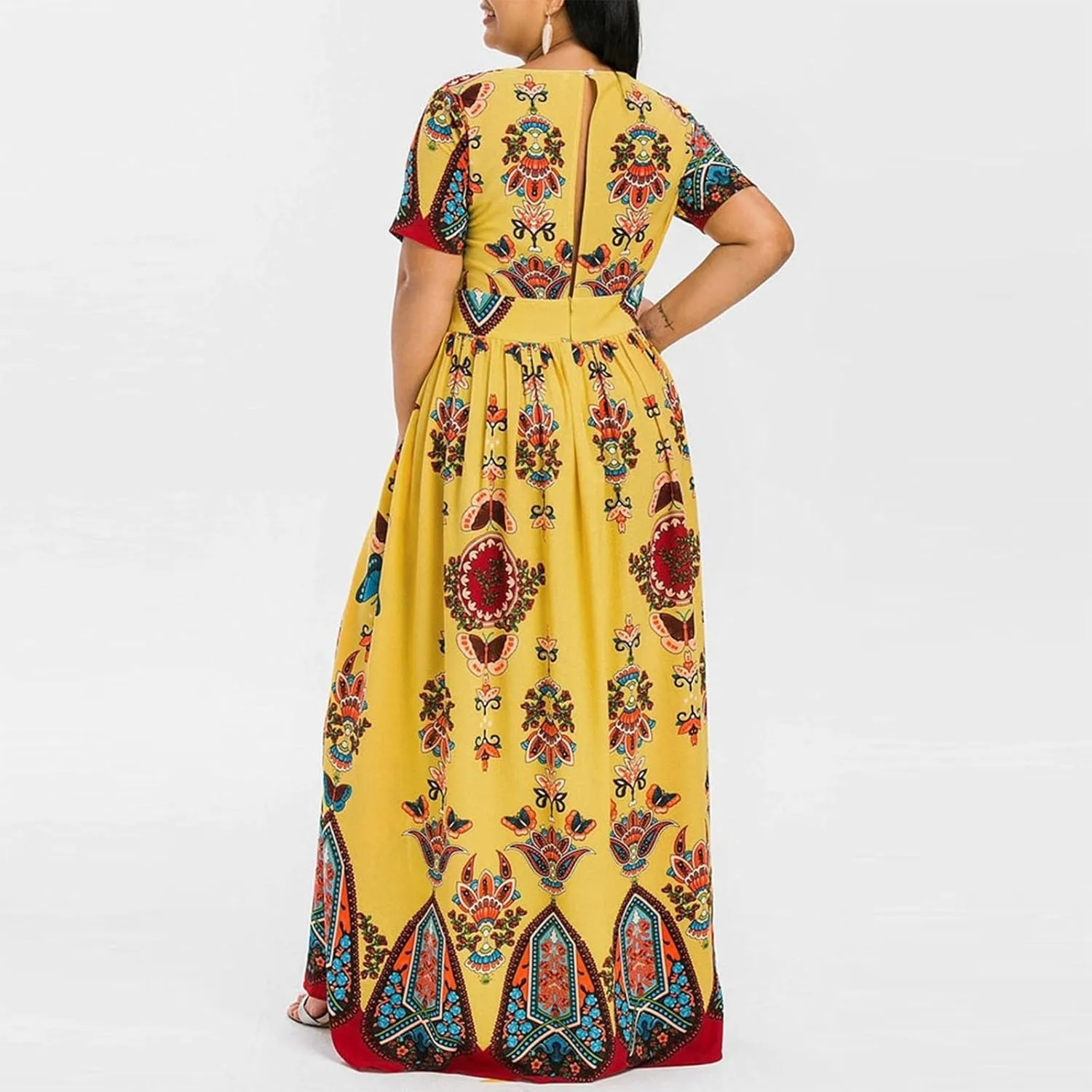Plus Size Fashion Women Butterfly Printed V-Neck Short Sleeve Casual Long Dress