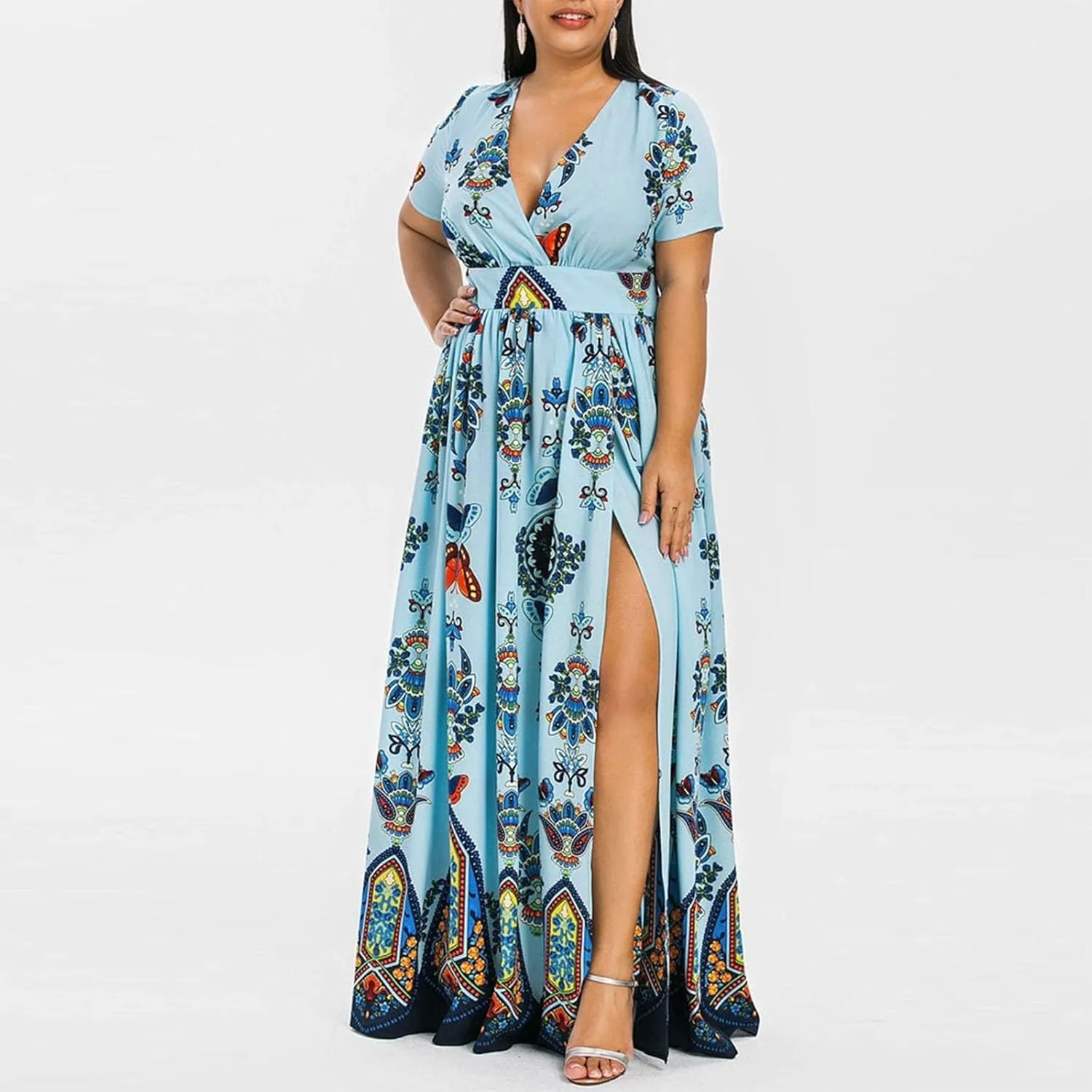 Plus Size Fashion Women Butterfly Printed V-Neck Short Sleeve Casual Long Dress
