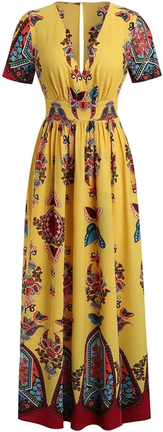 Plus Size Fashion Women Butterfly Printed V-Neck Short Sleeve Casual Long Dress