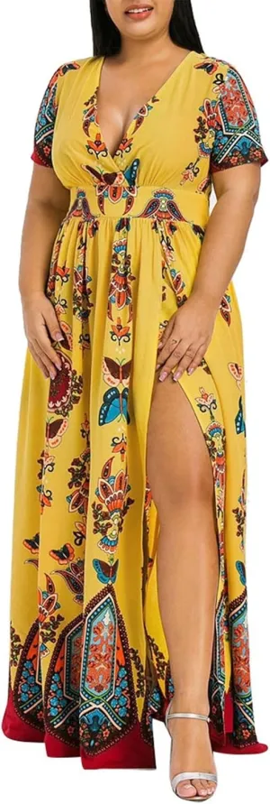 Plus Size Fashion Women Butterfly Printed V-Neck Short Sleeve Casual Long Dress
