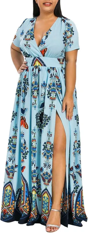 Plus Size Fashion Women Butterfly Printed V-Neck Short Sleeve Casual Long Dress