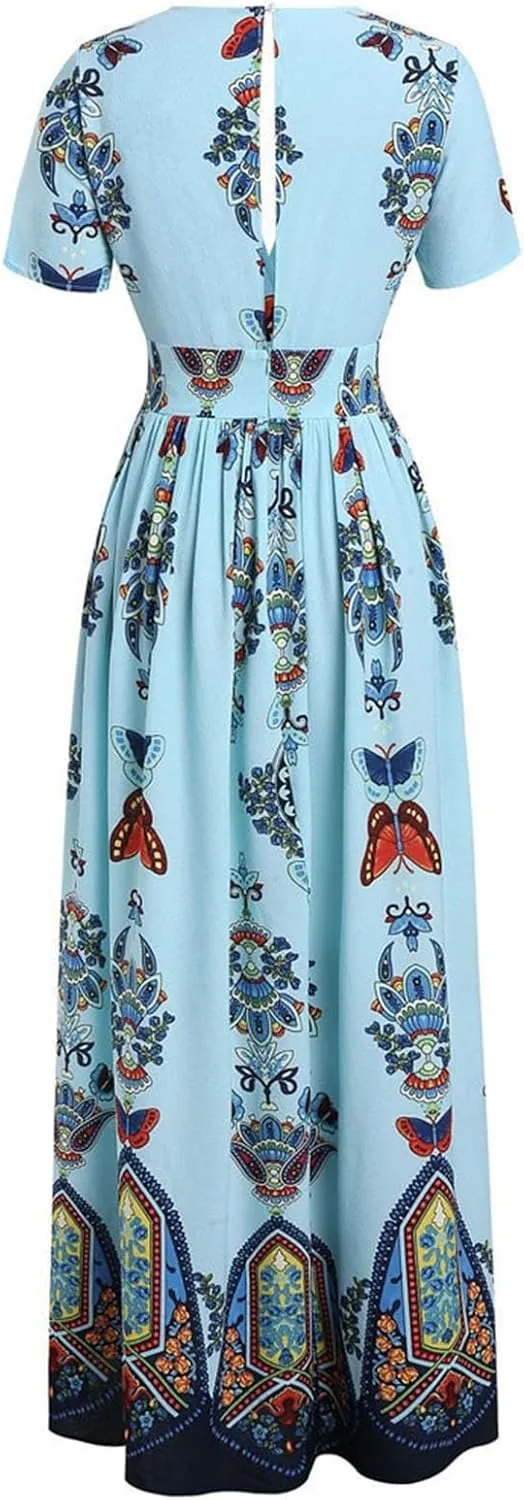 Plus Size Fashion Women Butterfly Printed V-Neck Short Sleeve Casual Long Dress