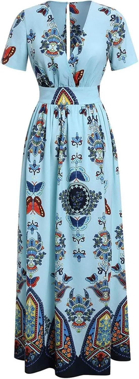Plus Size Fashion Women Butterfly Printed V-Neck Short Sleeve Casual Long Dress