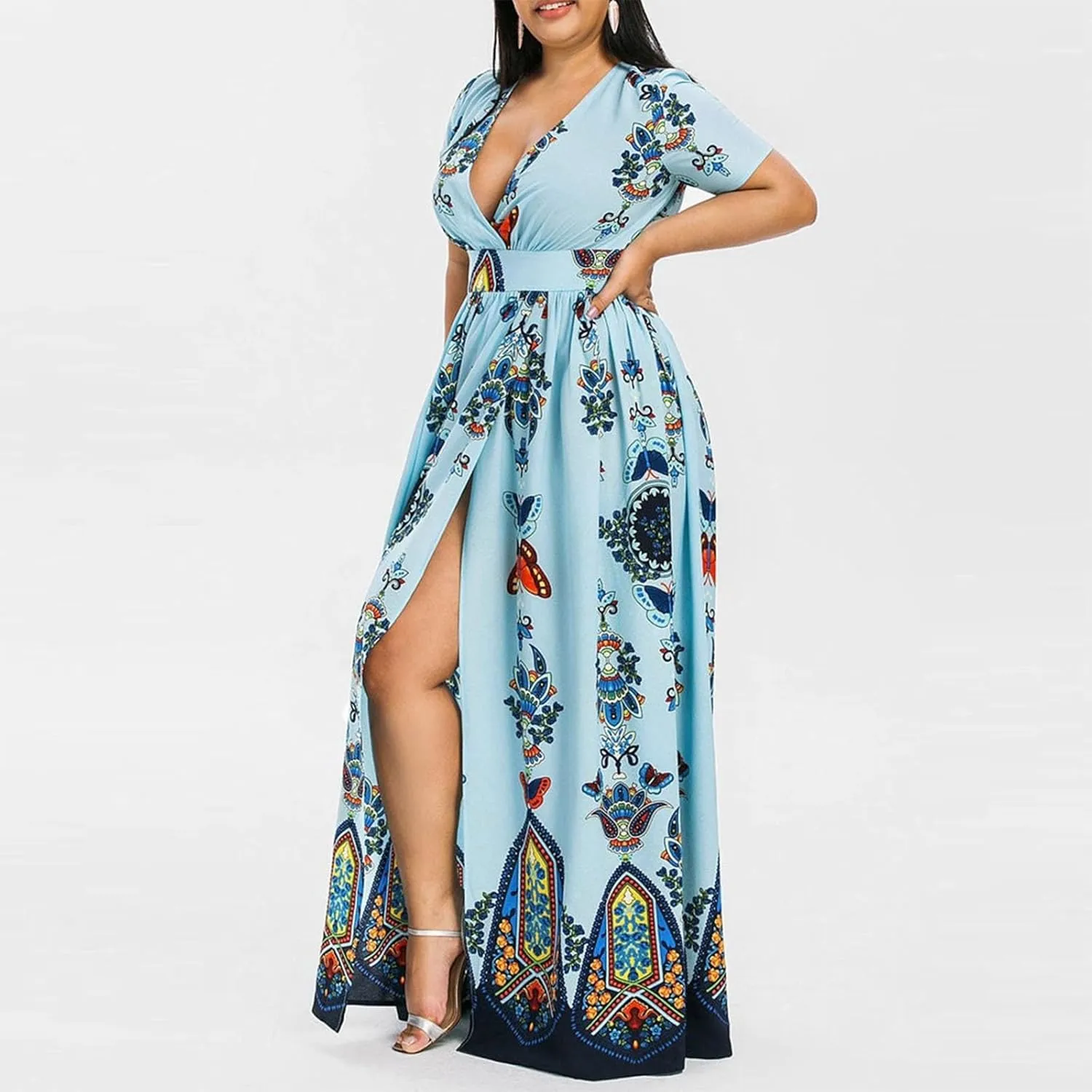 Plus Size Fashion Women Butterfly Printed V-Neck Short Sleeve Casual Long Dress