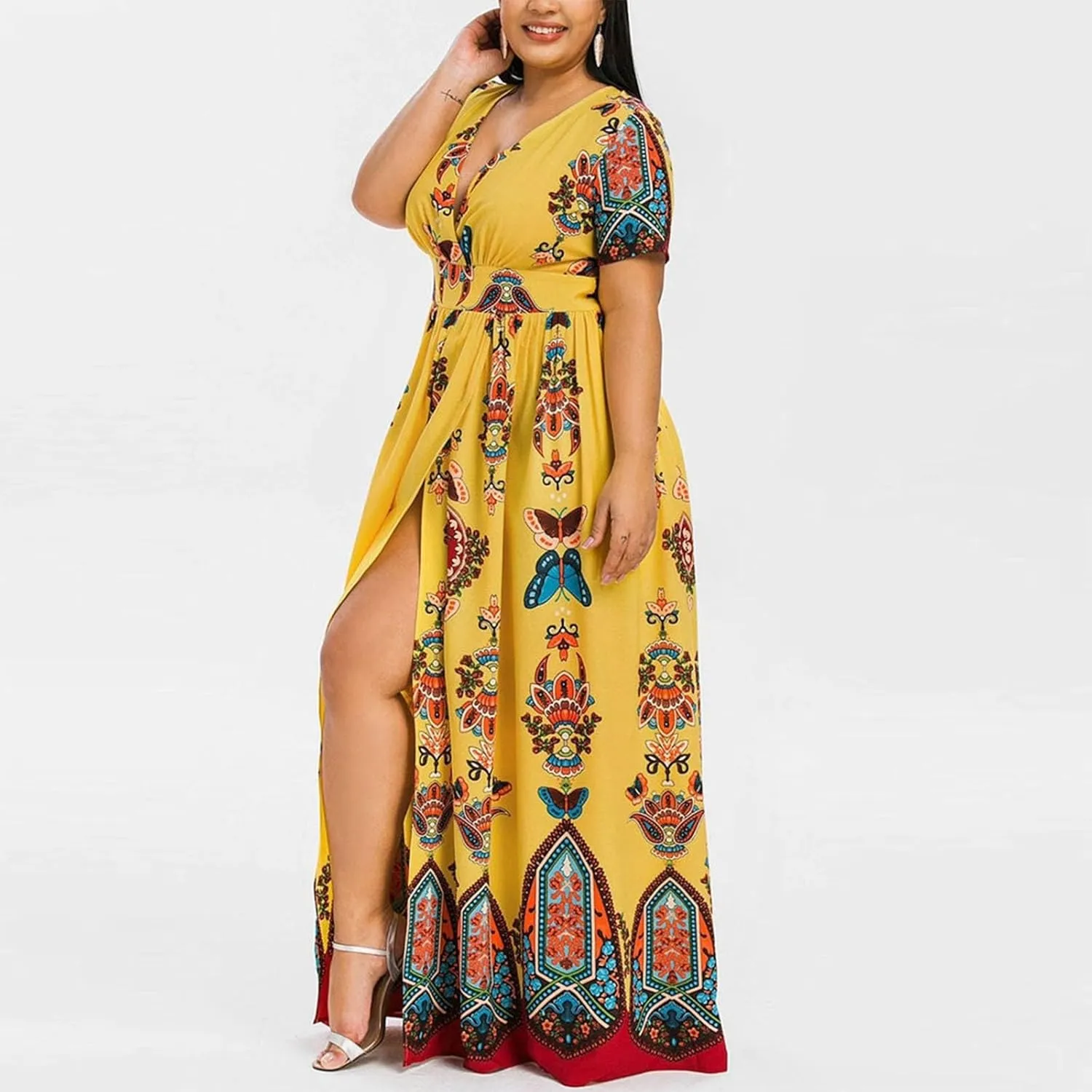 Plus Size Fashion Women Butterfly Printed V-Neck Short Sleeve Casual Long Dress