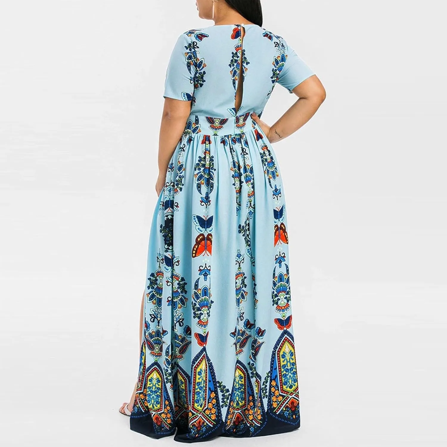 Plus Size Fashion Women Butterfly Printed V-Neck Short Sleeve Casual Long Dress