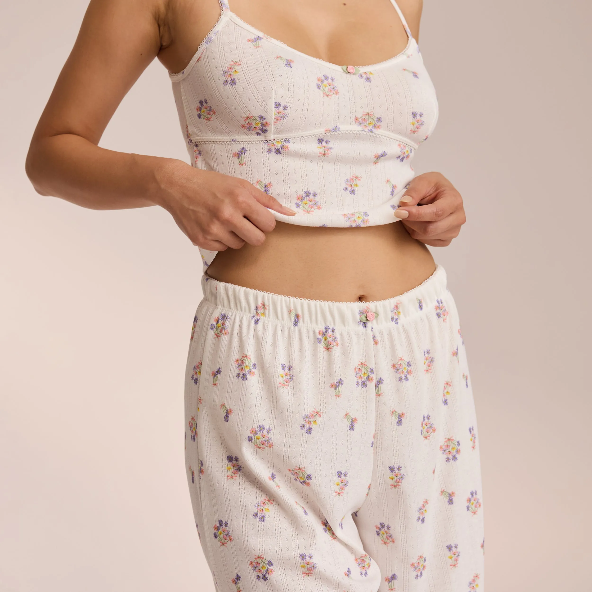 Pointelle Pajama Pants - White Floral